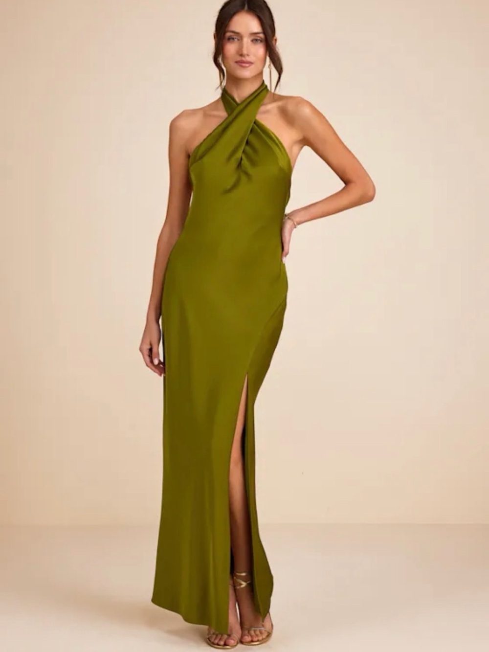 Lulu's Olive Green Crisscross Halter Backless Maxi Dress with Side Slit